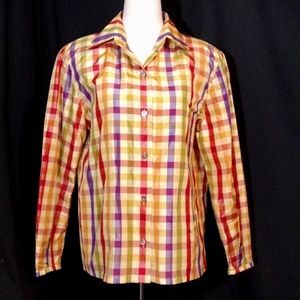Linda Allard Ellen Tracy Silk Golden Yellow LS Button Up Top w/ Plaid Size 10